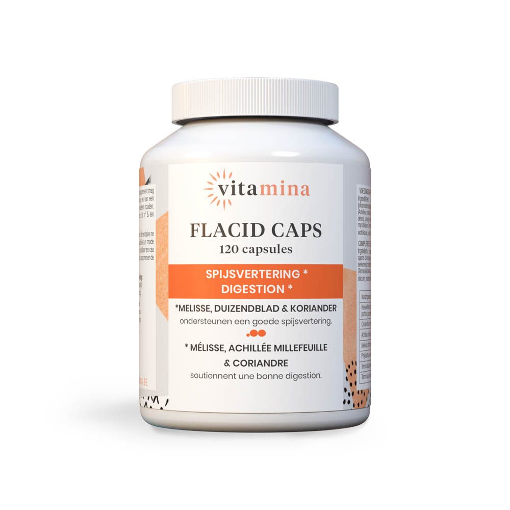 Vitamina Flacid Caps : Pot blanc de 120 gélules, étiquette avec informations produit et illustrations botaniques.