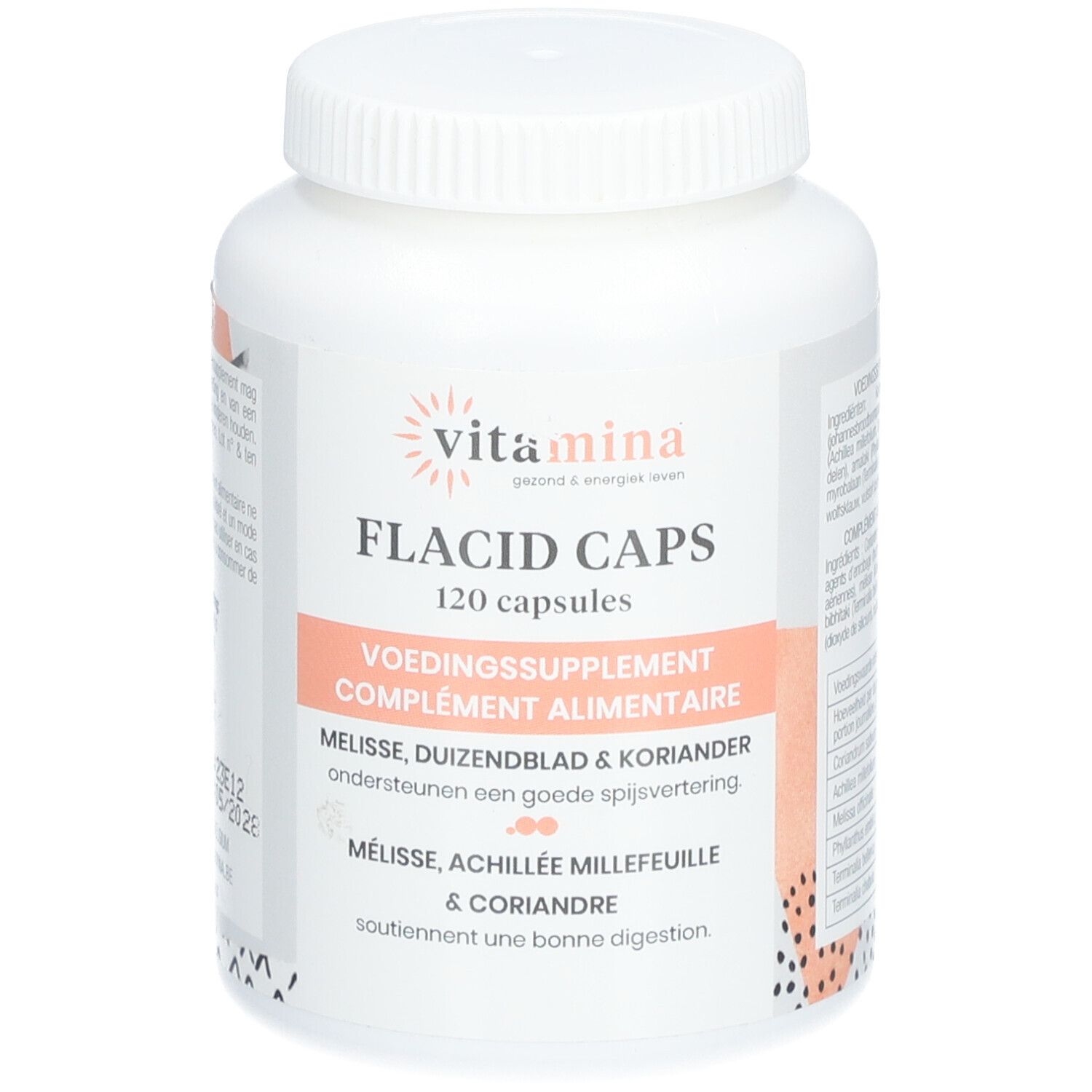 Weiße Flasche mit "Vitamina" und "FLACID CAPS 120 capsules". Aufschrift: "VOEDINGSSUPPLEMENT COMPLEMENT ALIMENTAIRE".
