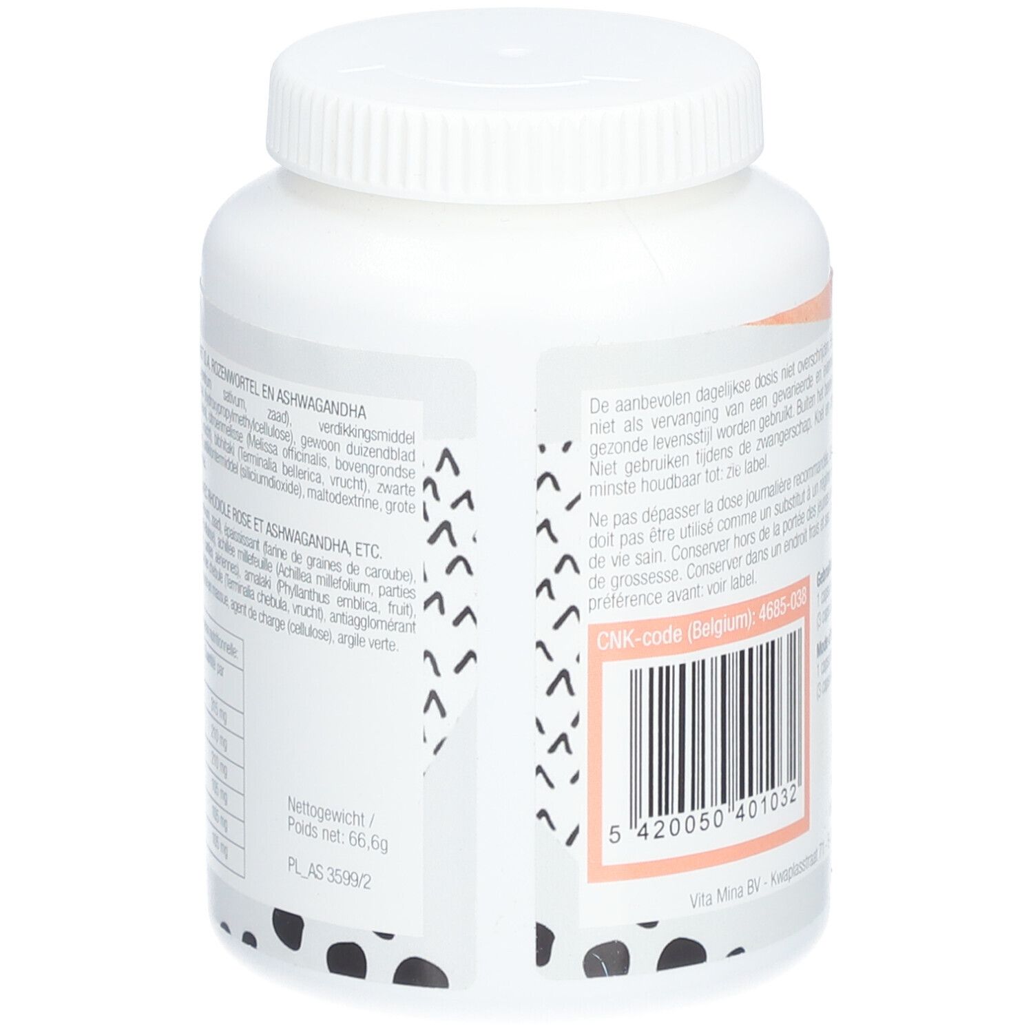 Rückseite der weißen Flasche. Text und Barcode. Aufschrift: "CNK-code (Belgurst) 40501032".