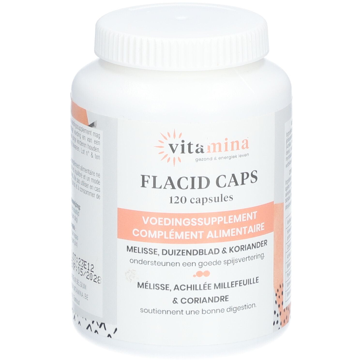 Weiße Flasche mit "Vitamina" und "FLACID CAPS 120 capsules". Aufschrift: "VOEDINGSSUPPLEMENT COMPLEMENT ALIMENTAIRE".