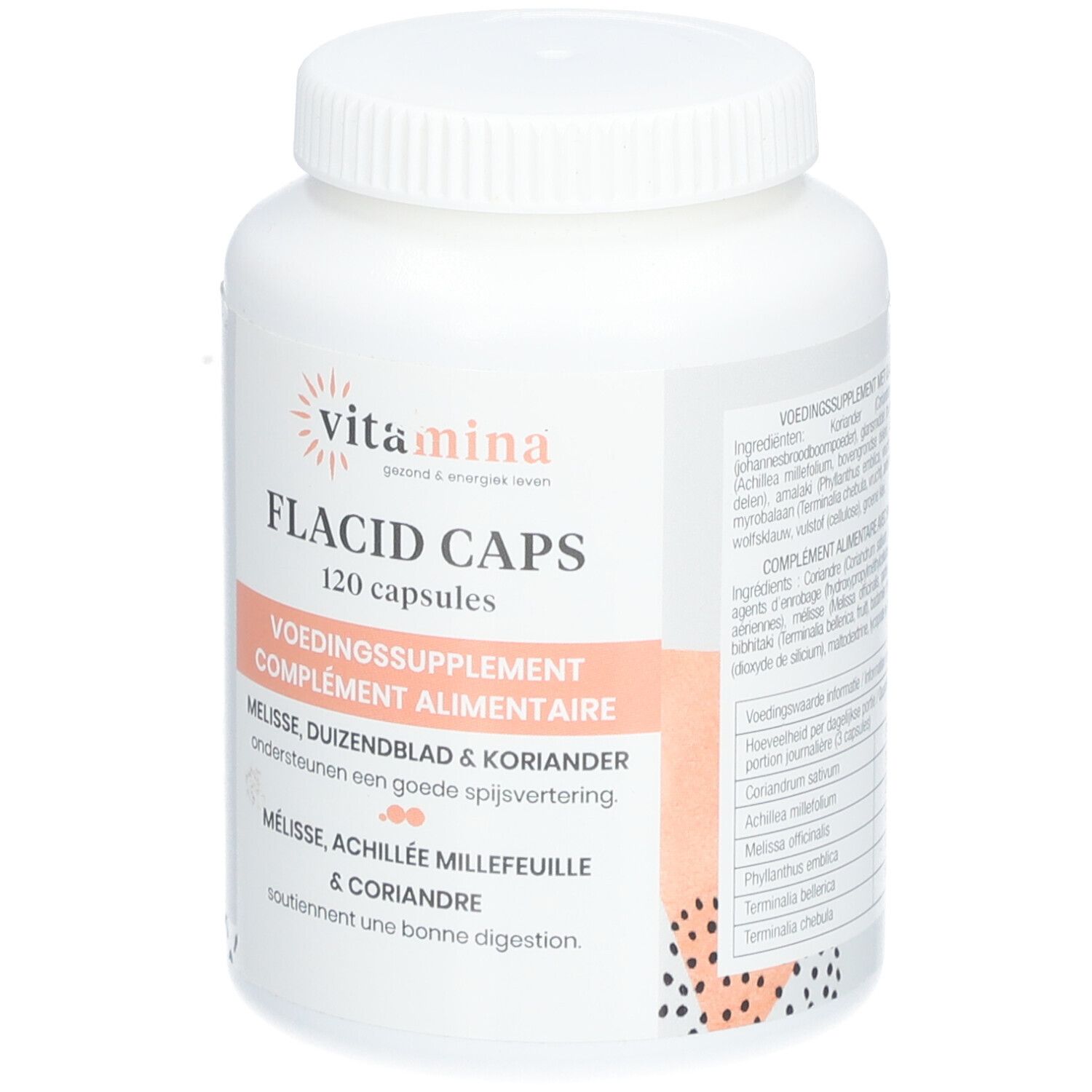 Weiße Flasche mit "Vitamina" und "FLACID CAPS 120 capsules". Aufschrift: "VOEDINGSSUPPLEMENT COMPLEMENT ALIMENTAIRE".