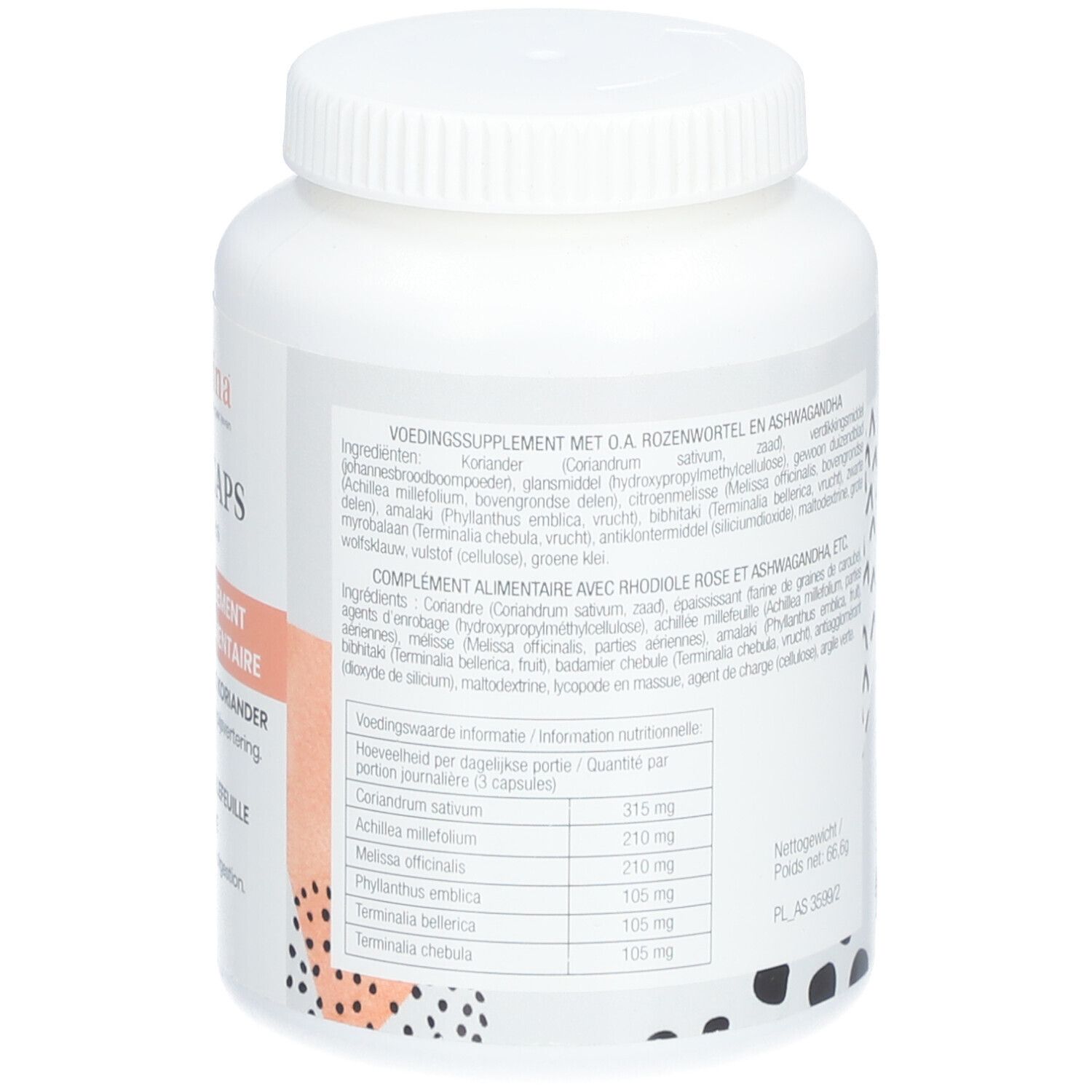 Rückseite der weißen Flasche. Text mit Inhaltsstoffen und Nährwertangaben. Aufschrift: "VOEDINGSSUPPLEMENT MET O.A. ROZENWORTEL EN ASHWAGANDHA".