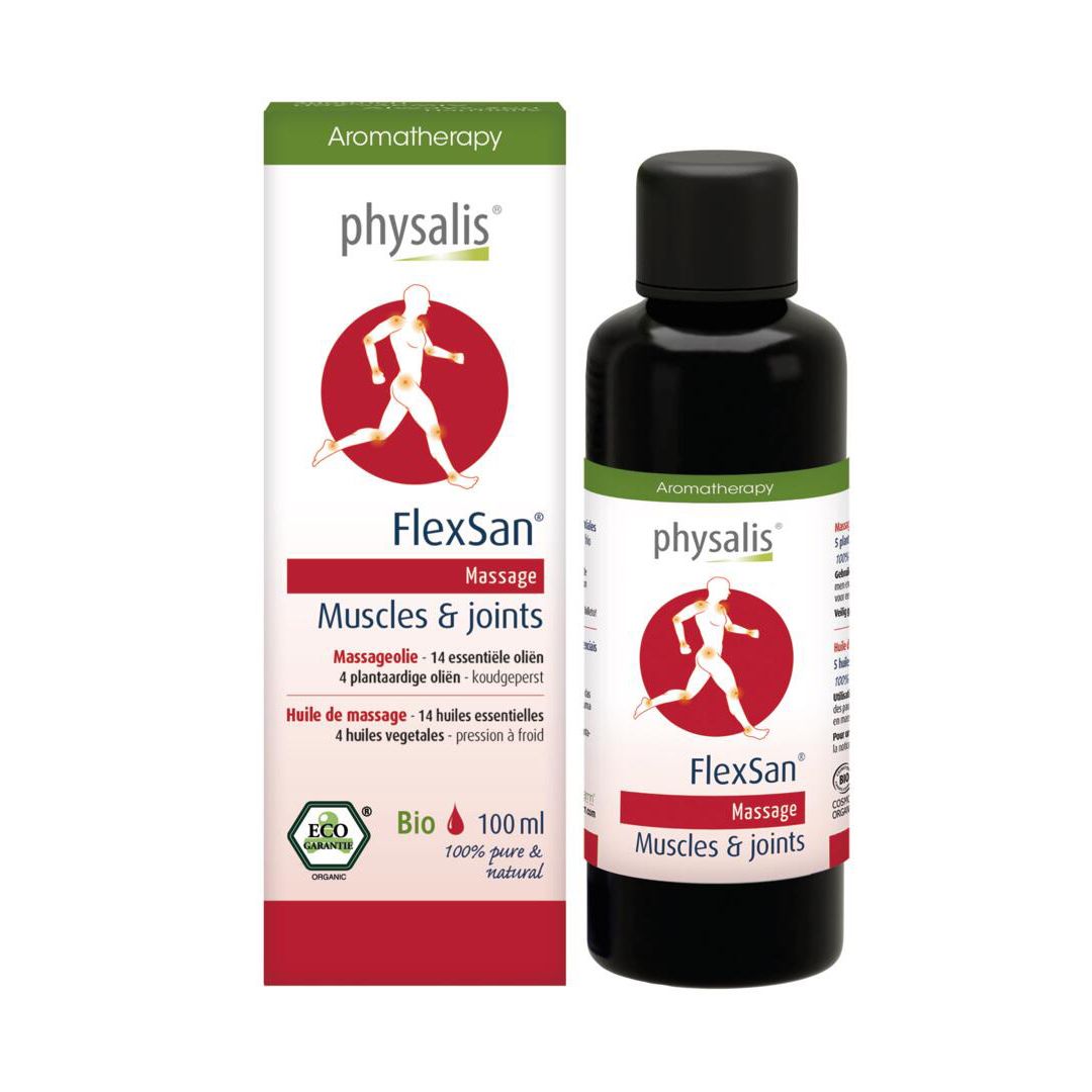 Emballage et flacon. Emballage avec logo, nom FlexSan Massage et texte. Flacon avec bouchon noir.