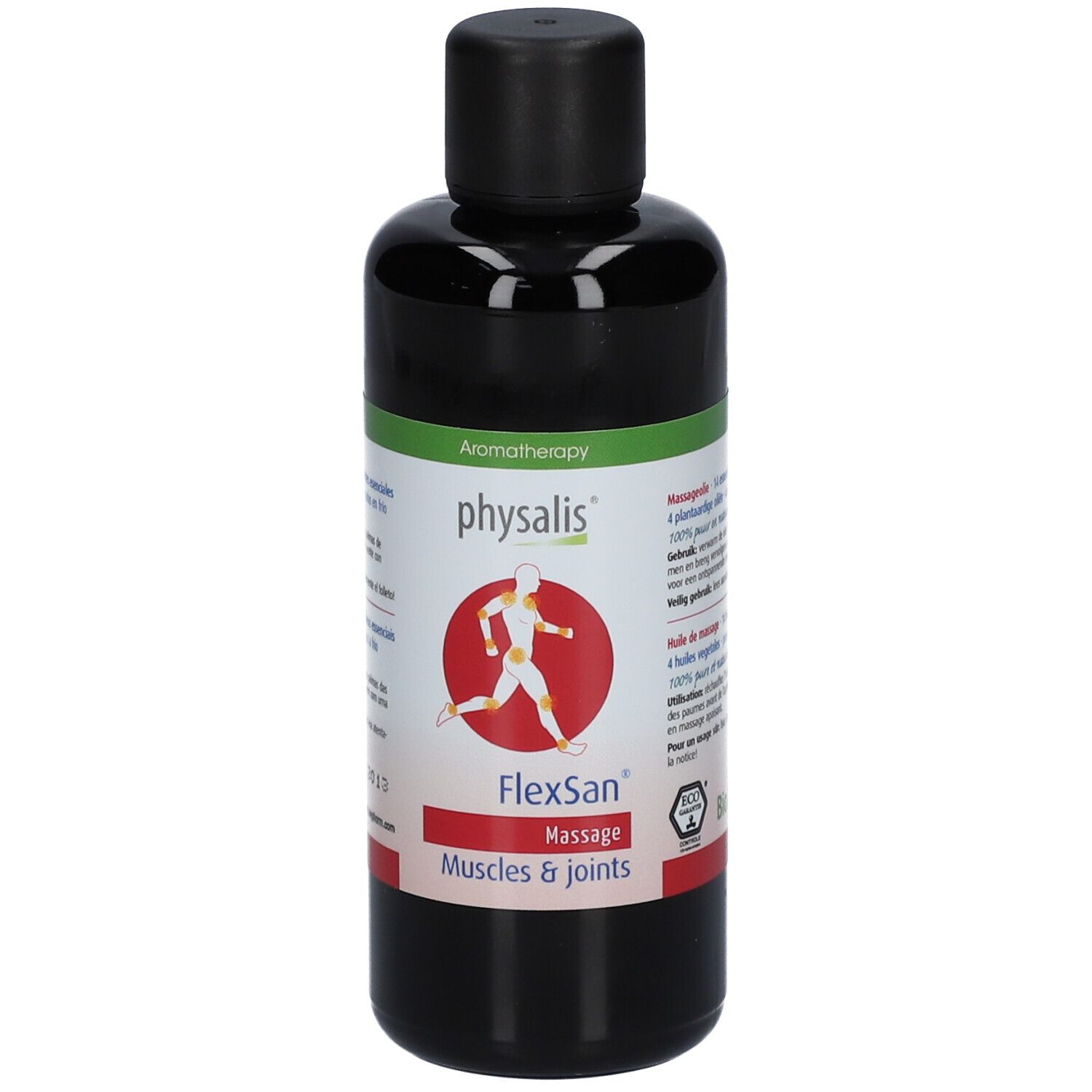 Dunkle Flasche mit schwarzem Deckel. Etikett mit Logo, Produktname FlexSan Massage und Text. Grün-rotes Design.