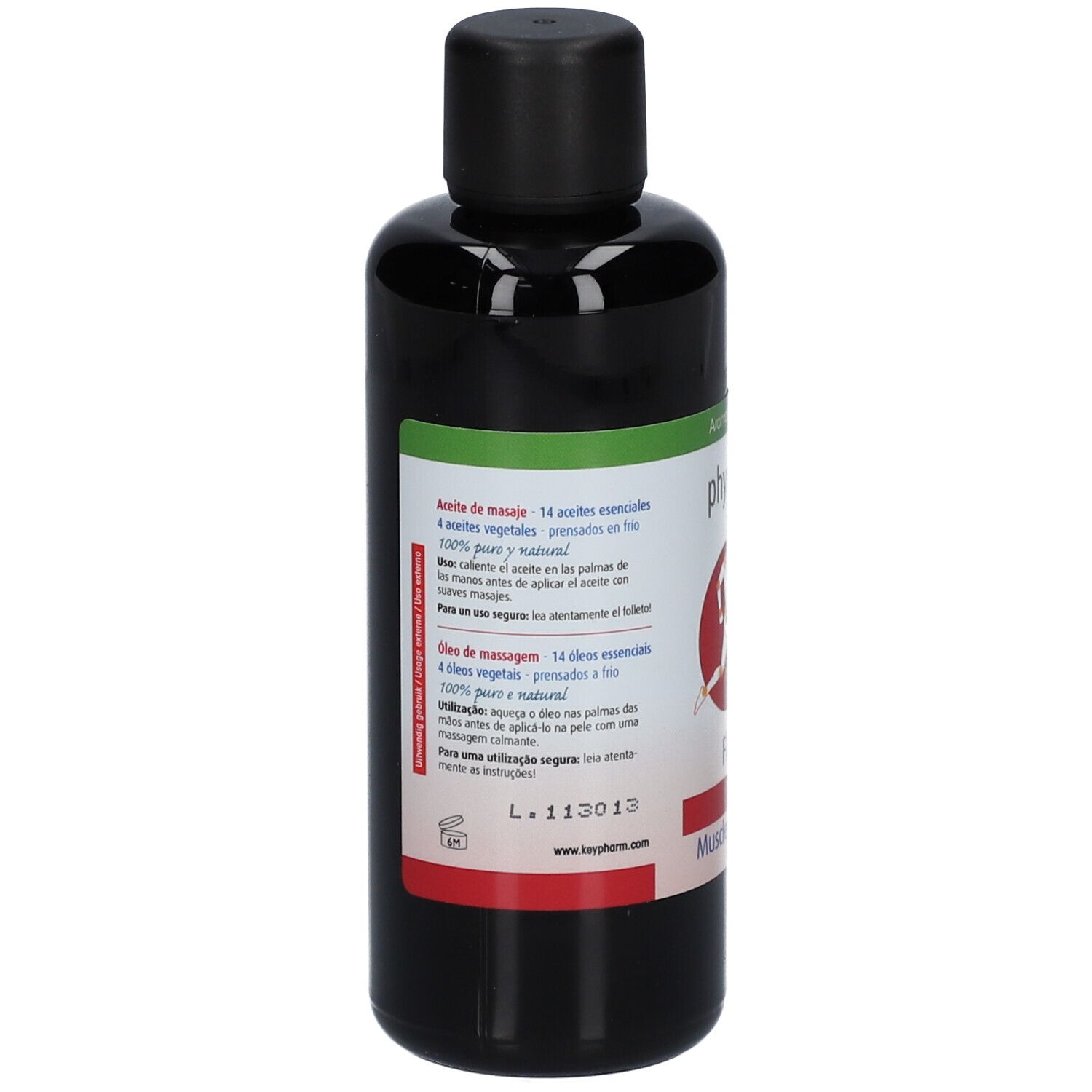 Dunkle Flasche mit schwarzem Deckel. Rückseite mit Text in mehreren Sprachen. Grün-rotes Etikett. Produktname nicht sichtbar.