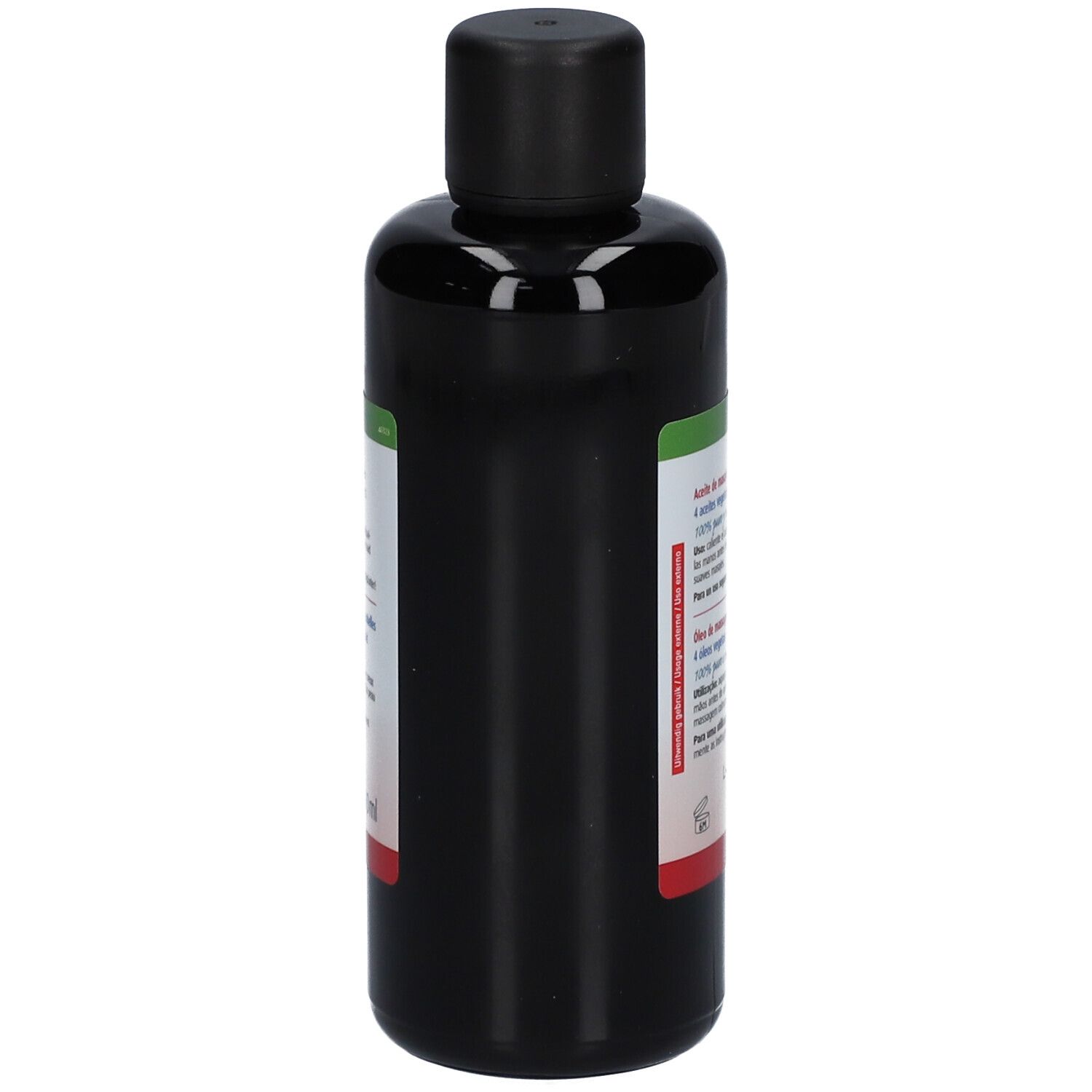 Dunkle Flasche mit schwarzem Deckel. Rückseite mit Text in mehreren Sprachen. Grün-rotes Etikett. Produktname nicht sichtbar.