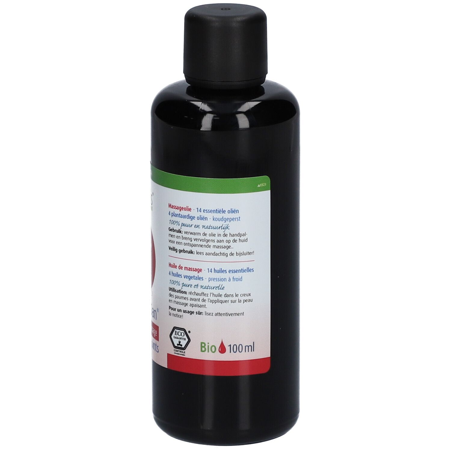 Dunkle Flasche mit schwarzem Deckel. Rückseite mit Text in mehreren Sprachen. Grün-rotes Etikett. Bio-Zertifizierung.