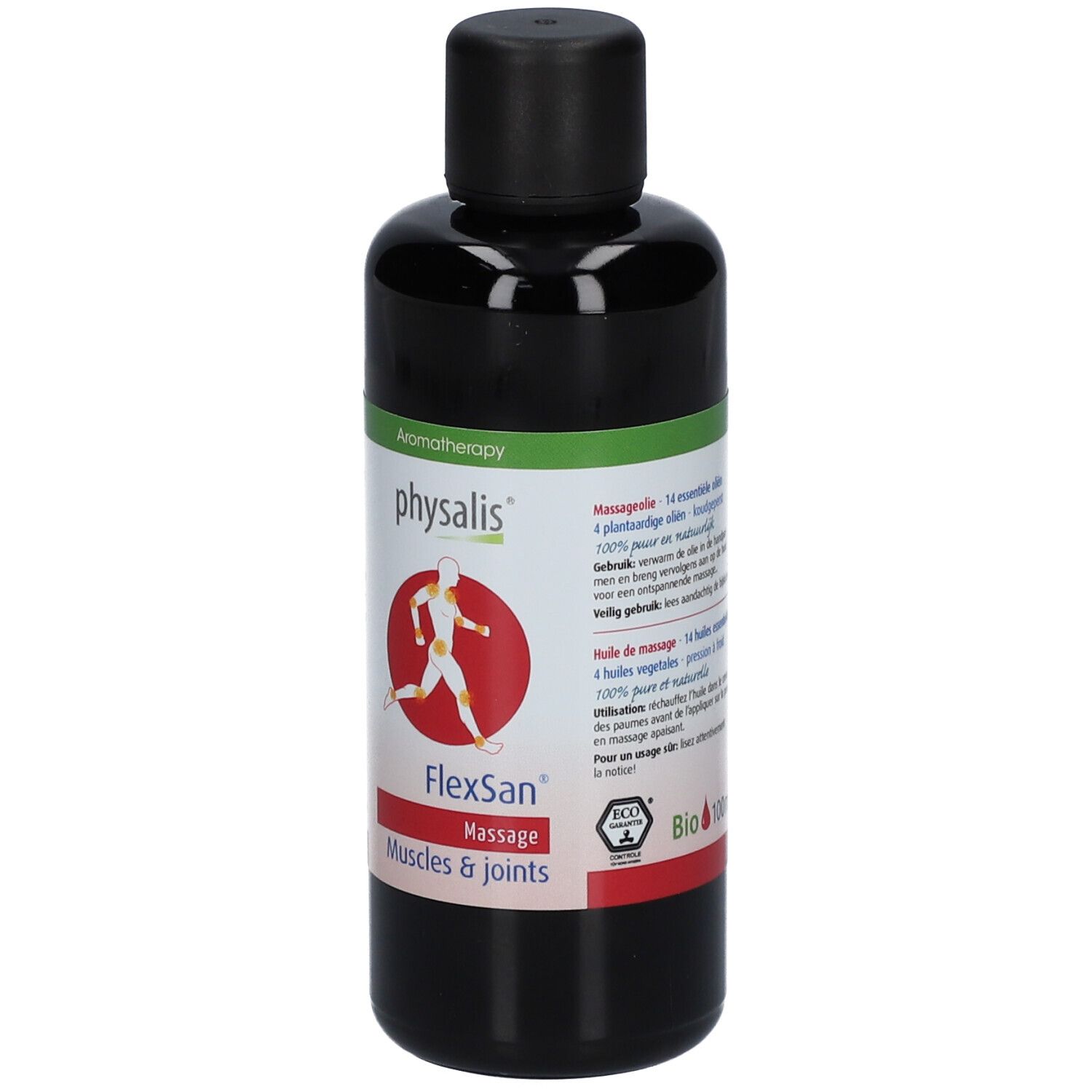 Dunkle Flasche mit schwarzem Deckel. Etikett mit Logo, Produktname FlexSan Massage und Text. Grün-rotes Design. Bio-Siegel.