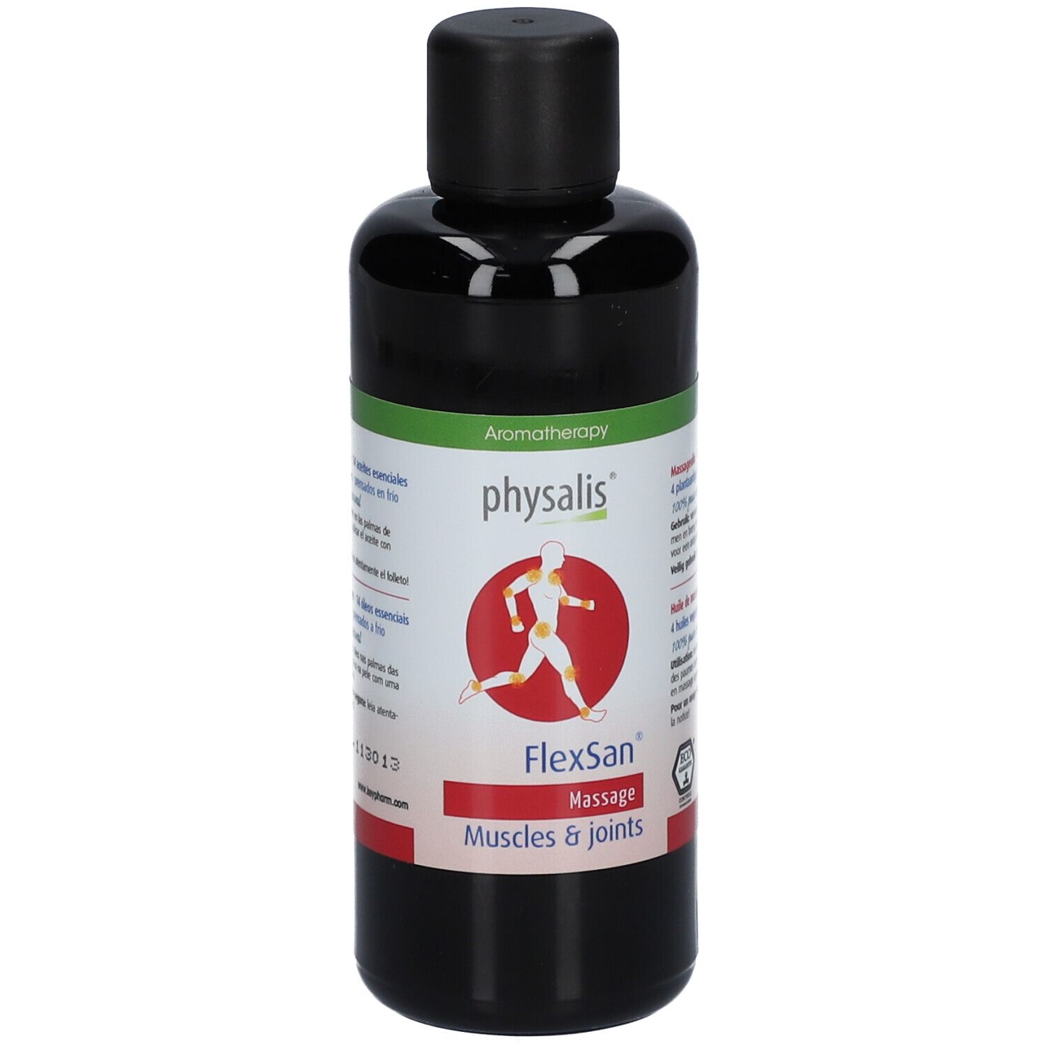 Dunkle Flasche mit schwarzem Deckel. Etikett mit Logo, Produktname FlexSan Massage und Text. Grün-rotes Design. Bio-Siegel.