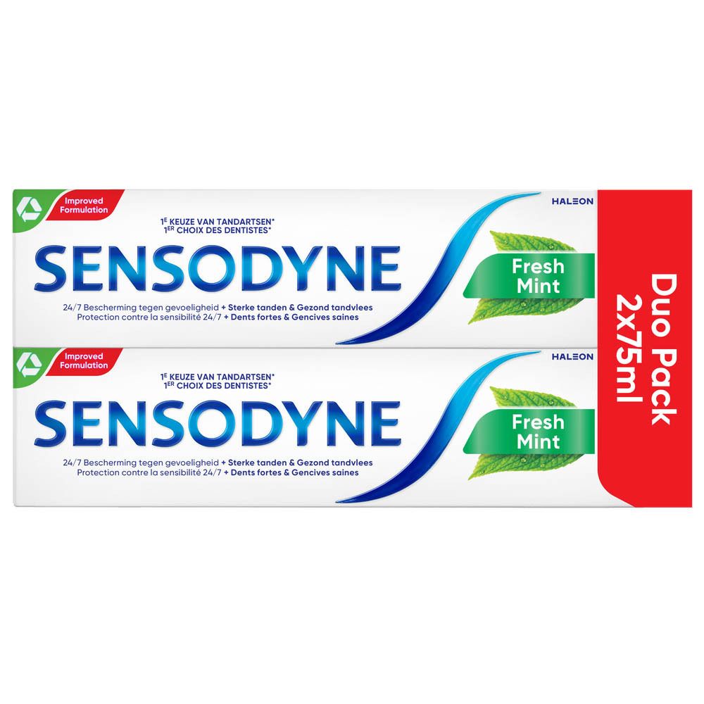 Dentifrice Sensodyne Fresh Mint, deux tubes et un pack double. Tubes blancs avec éléments verts et bleus.