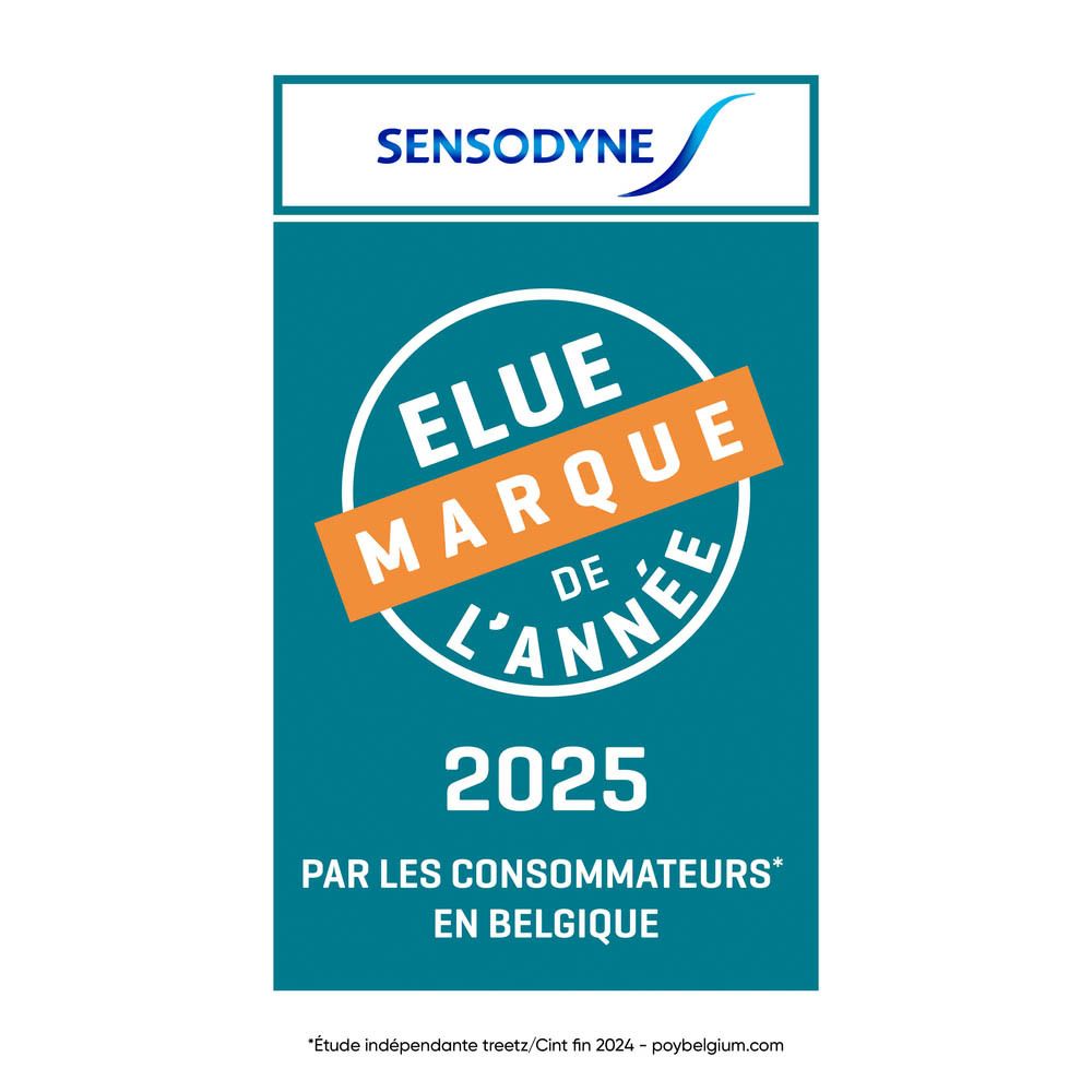 Logo Sensodyne et mention "ELUE MARQUE DE L'ANNEE 2025" en Belgique. Fond turquoise.