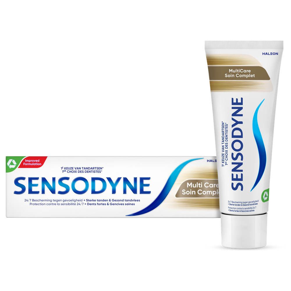 Sensodyne Multicare Zahnpasta und Packung. Weiß, blau, braun. Text: Multi Care, Sensodyne, 24/7 Schutz.