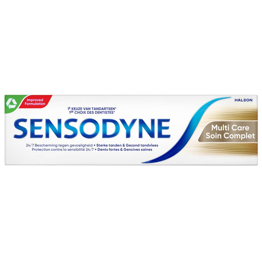 Sensodyne Multicare Zahnpasta und Packung. Weiß, blau, braun. Text: Multi Care, Sensodyne, 24/7 Schutz.