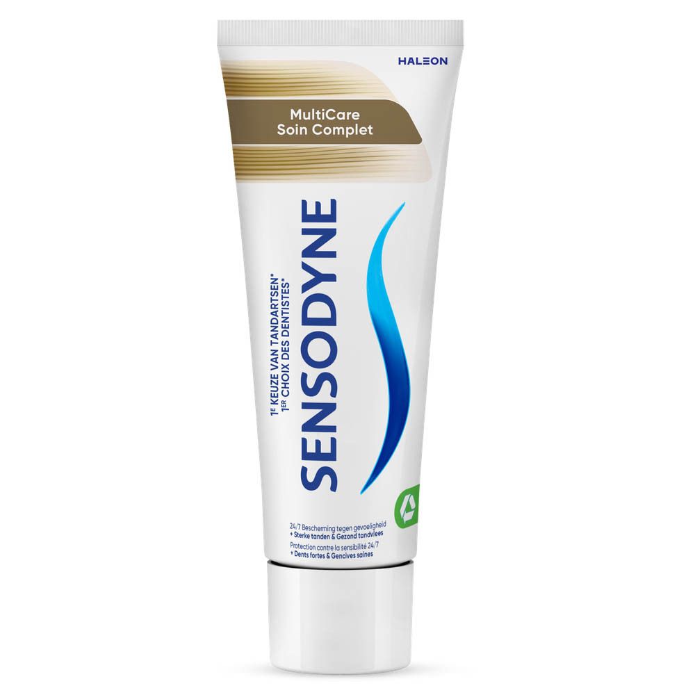 Sensodyne Multicare Zahnpasta. Weiß, blau, braun. Text: Multi Care, Sensodyne, 24/7 Schutz.