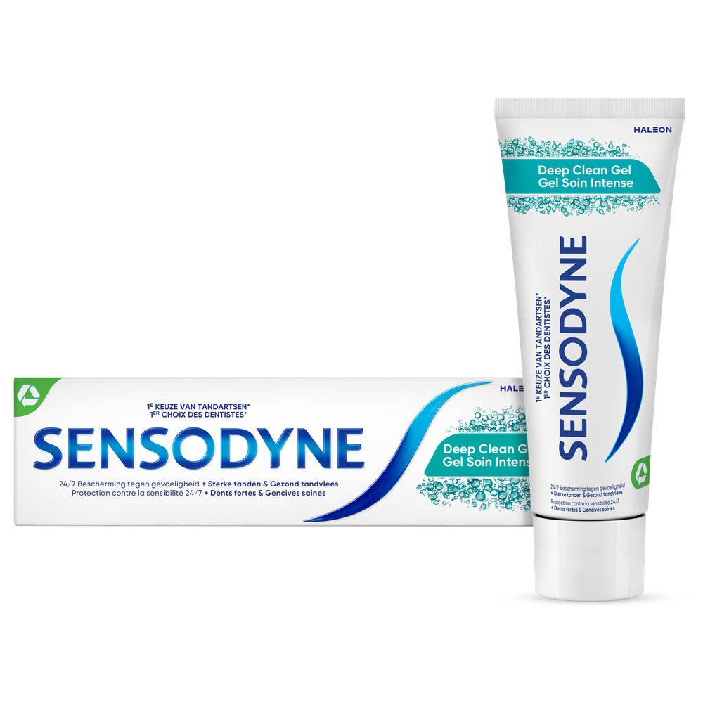 Zahncreme-Packung und Tube. Marke Sensodyne, Deep Clean Gel. Blaue Wellen-Grafik. Text: 24/7 Schutz, starke Zähne & gesundes Zahnfleisch.
