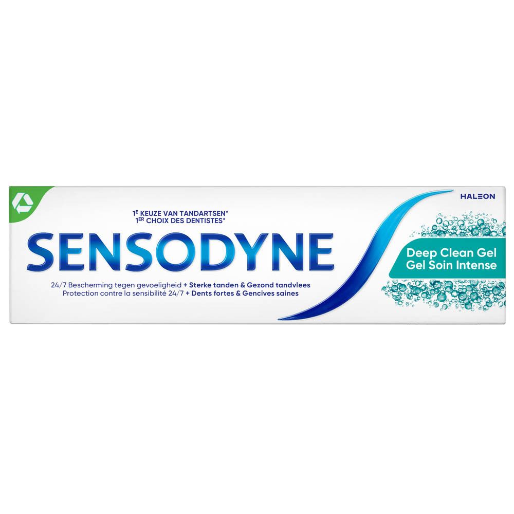 Zahncreme-Packung. Marke Sensodyne, Deep Clean Gel. Blaue Wellen-Grafik. Text: 24/7 Schutz, starke Zähne & gesundes Zahnfleisch.