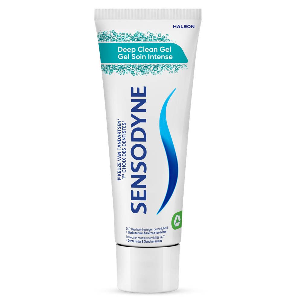 Zahncreme-Tube. Marke Sensodyne, Deep Clean Gel. Blaue Wellen-Grafik. Text: 24/7 Schutz, starke Zähne & gesundes Zahnfleisch.