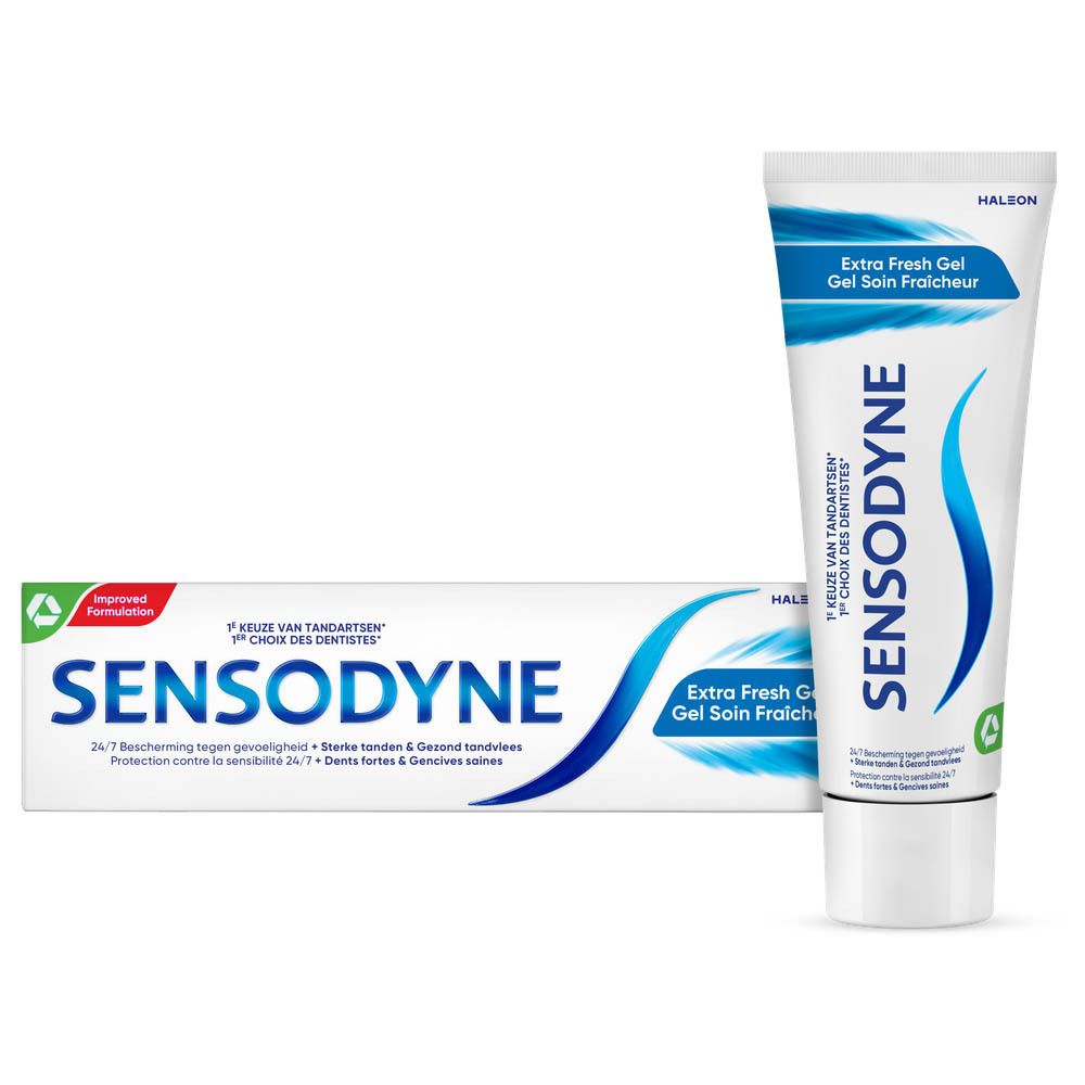 Sensodyne-Zahnpasta und Schachtel. Text: Extra Fresh Gel. Grün-Siegel. Sensodyne-Logo. Winkelansicht.