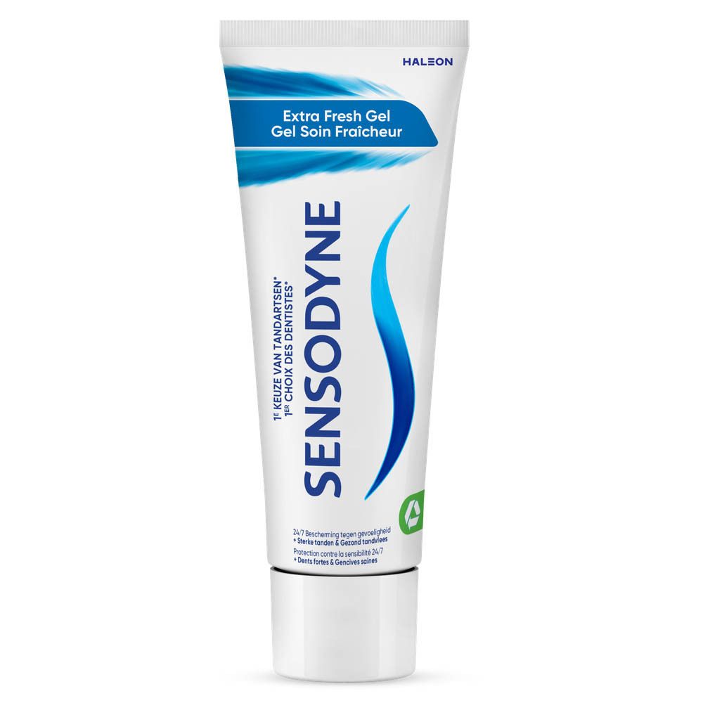 Sensodyne-Zahnpasta. Text: Extra Fresh Gel. Grün-Siegel. Sensodyne-Logo. Nahaufnahme.