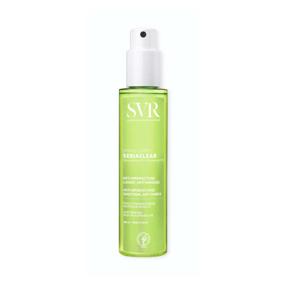 Flacon vert avec vaporisateur blanc. Inscriptions: SVR, Sebiaclear Spray Corps. Anti-imperfections.