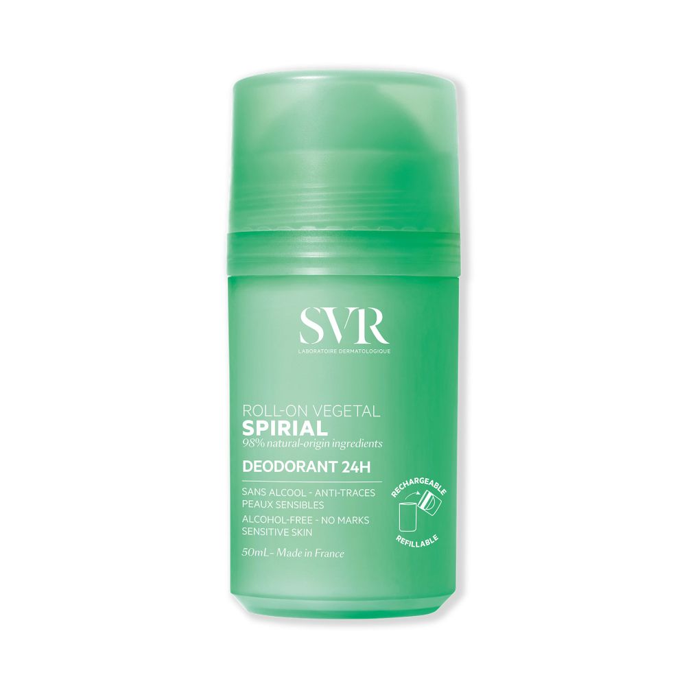 Déodorant roll-on vert. Logo SVR et nom Spirial. Texte: 24h, sans alcool, peaux sensibles. Rechargeable.