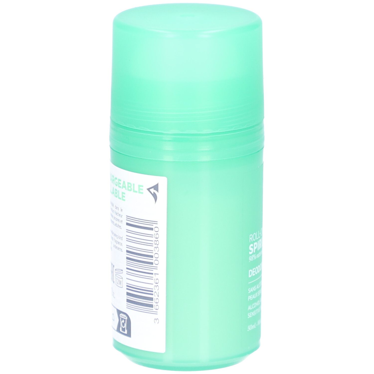 Grüner Roll-on-Deodorant. Rückseite mit Barcode und Text: Nachfüllbar. Text in Französisch. EAN-Code.