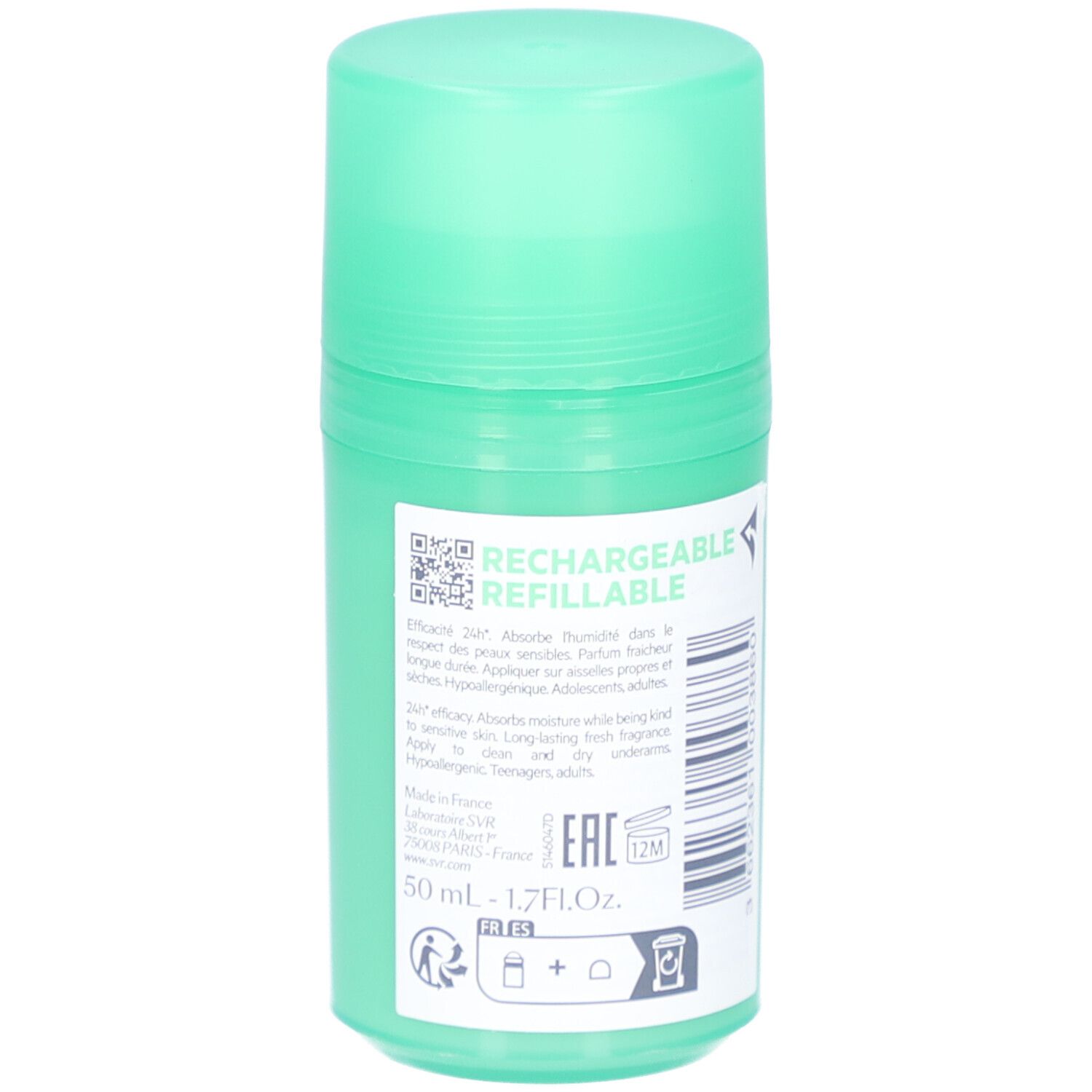 Grüner Roll-on-Deodorant. Rückseite mit Text: Nachfüllbar. Text in Französisch. QR-Code. 50 ml.