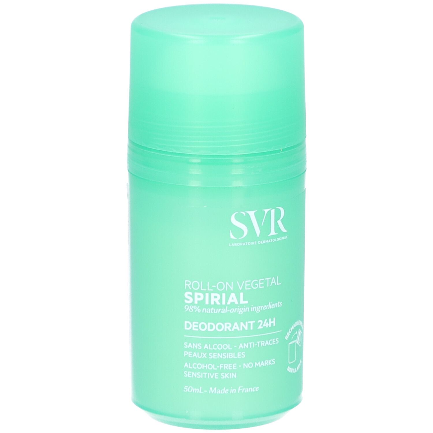 Grüner Roll-on-Deodorant. SVR-Logo und Produktbezeichnung Spirial. Text: 24h, ohne Alkohol, für empfindliche Haut. Nachfüllbar.