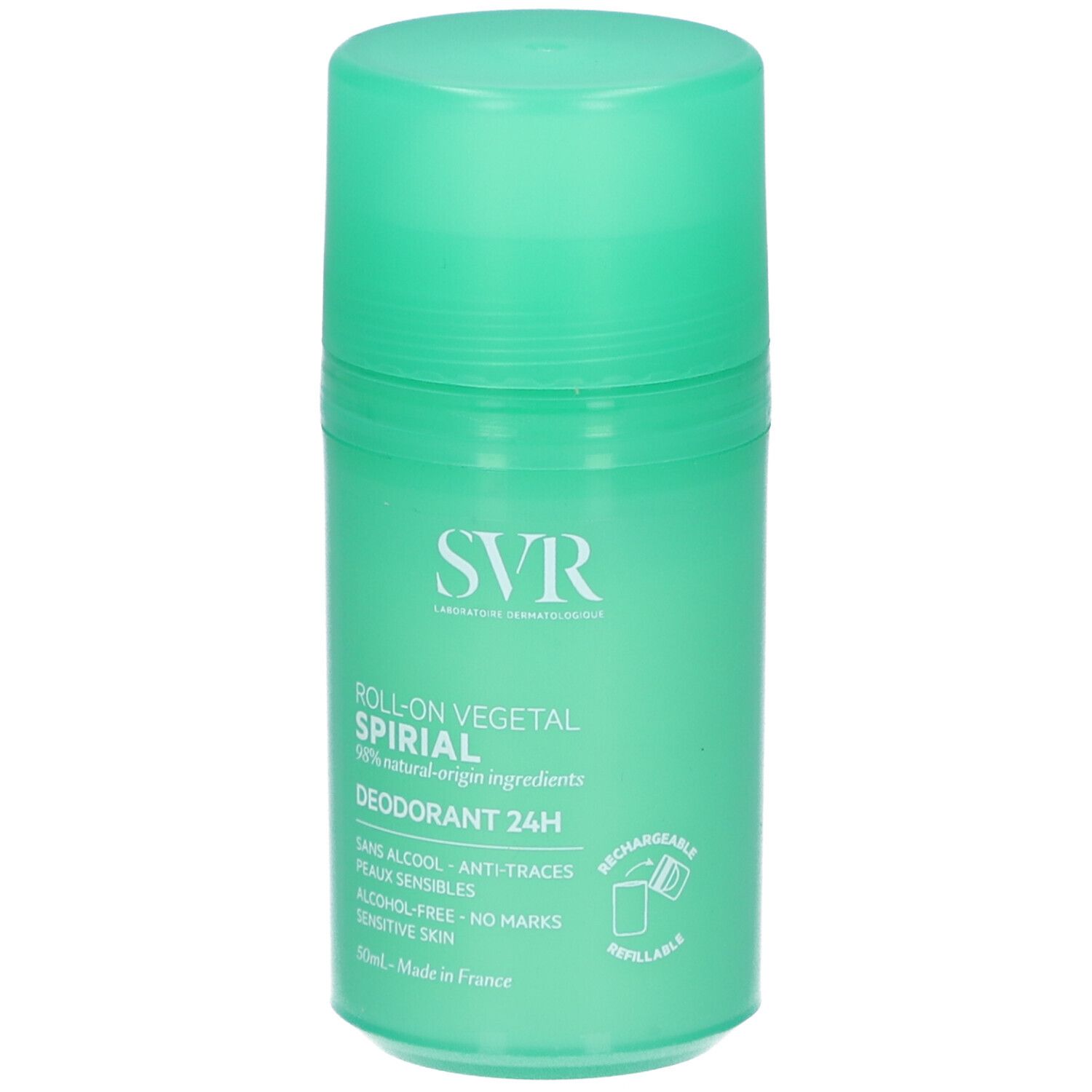 Grüner Roll-on-Deodorant. SVR-Logo und Produktbezeichnung Spirial. Text: 24h, ohne Alkohol, für empfindliche Haut. Nachfüllbar.