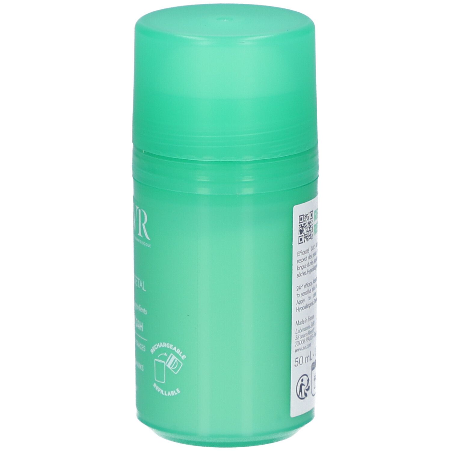 Grüner Roll-on-Deodorant. Rückseite mit Text: Nachfüllbar. Text in Französisch. 50 ml.