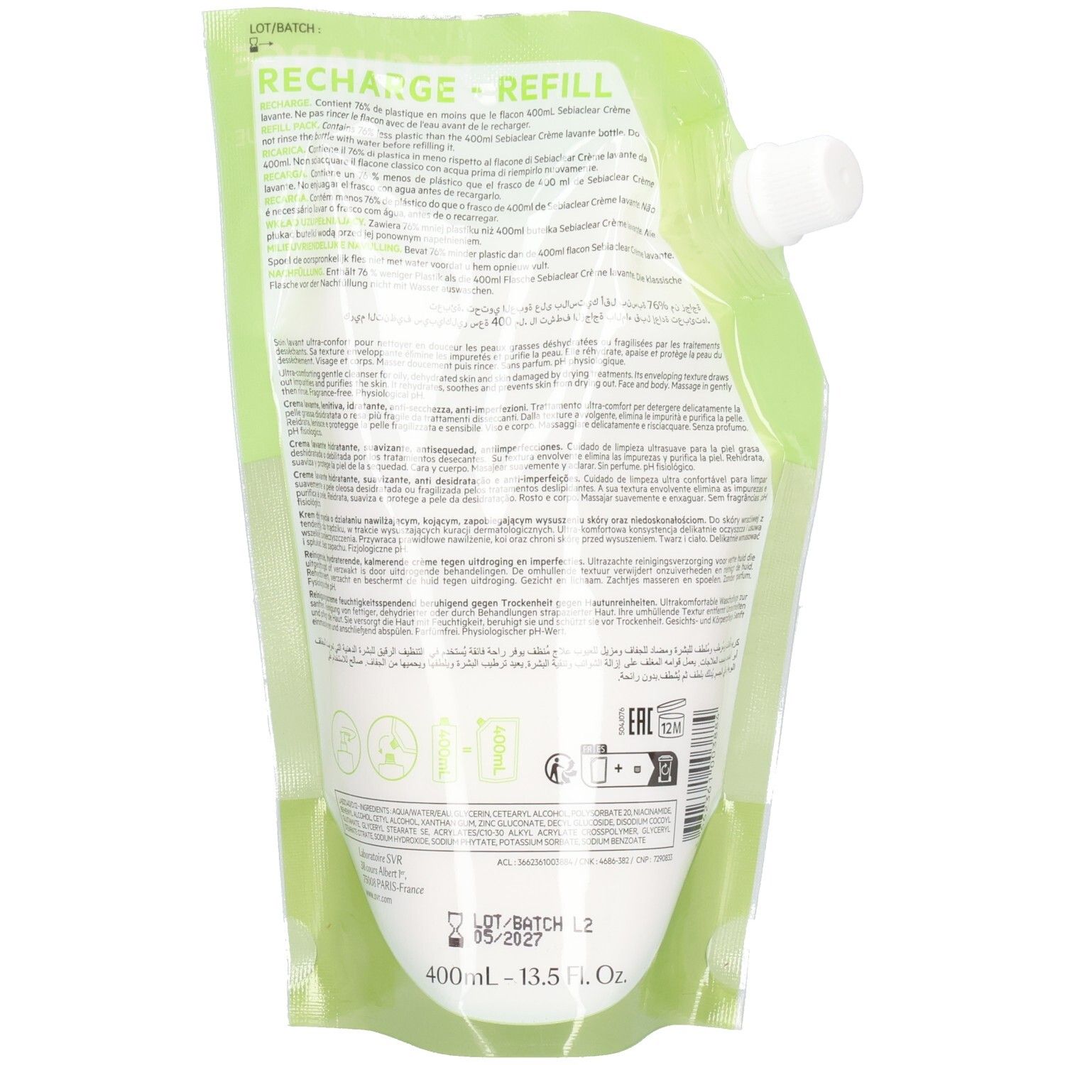 Rückseite des Nachfüllbeutels. Grün-weißes Design. Text und Symbole. Volumen: 400 ml - 13.5 Fl. Oz.