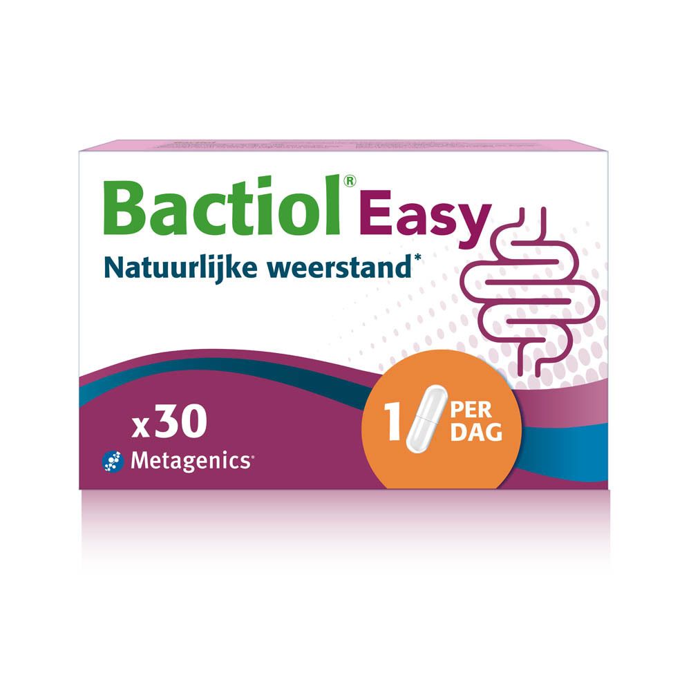 Bactiol Easy-Verpackung. Weißer Karton mit grüner und roter Schrift. Enthält 30 Kapseln.