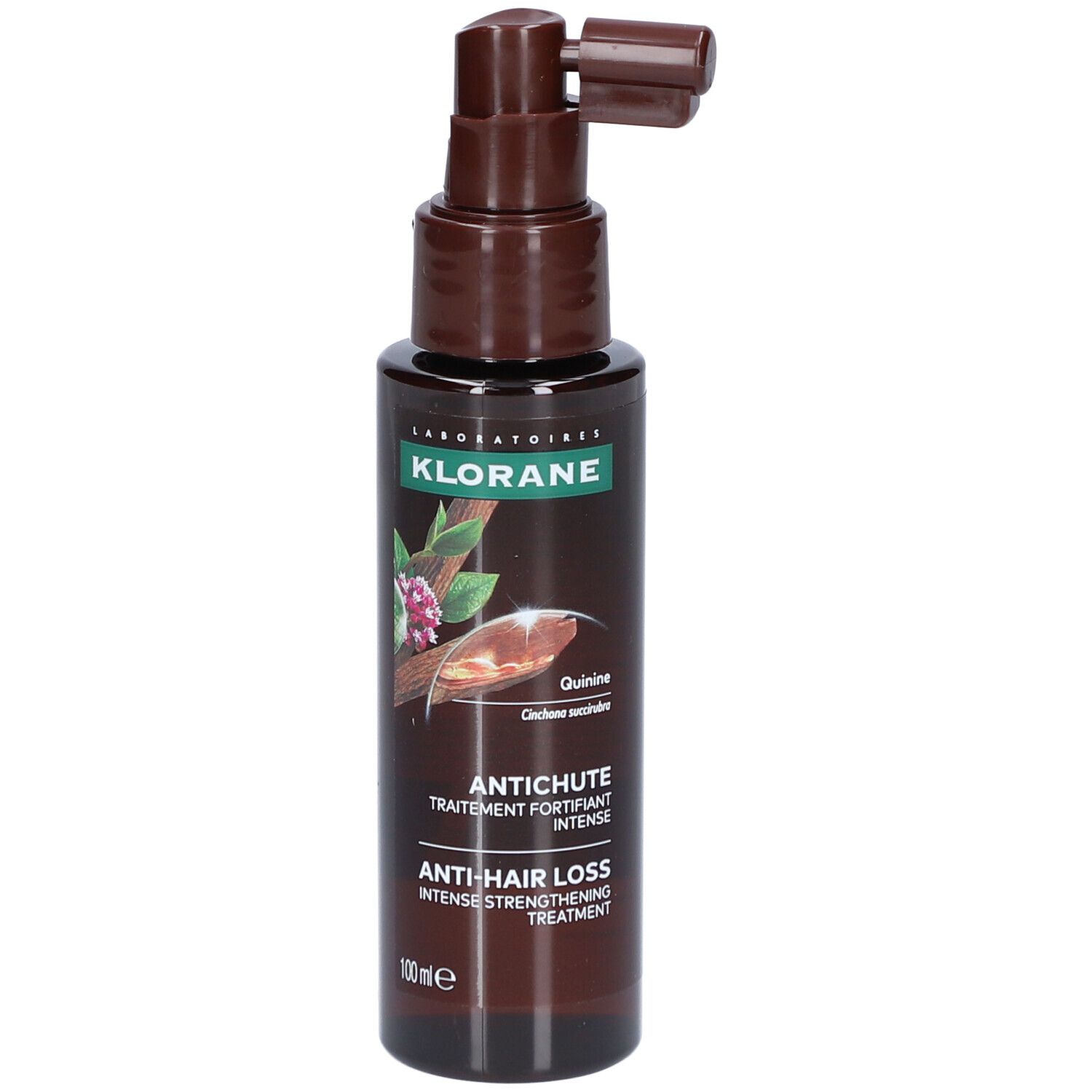 Braune Flasche mit Sprühkopf. Aufschrift: Klorane, Antichute, Anti-Haarausfall.