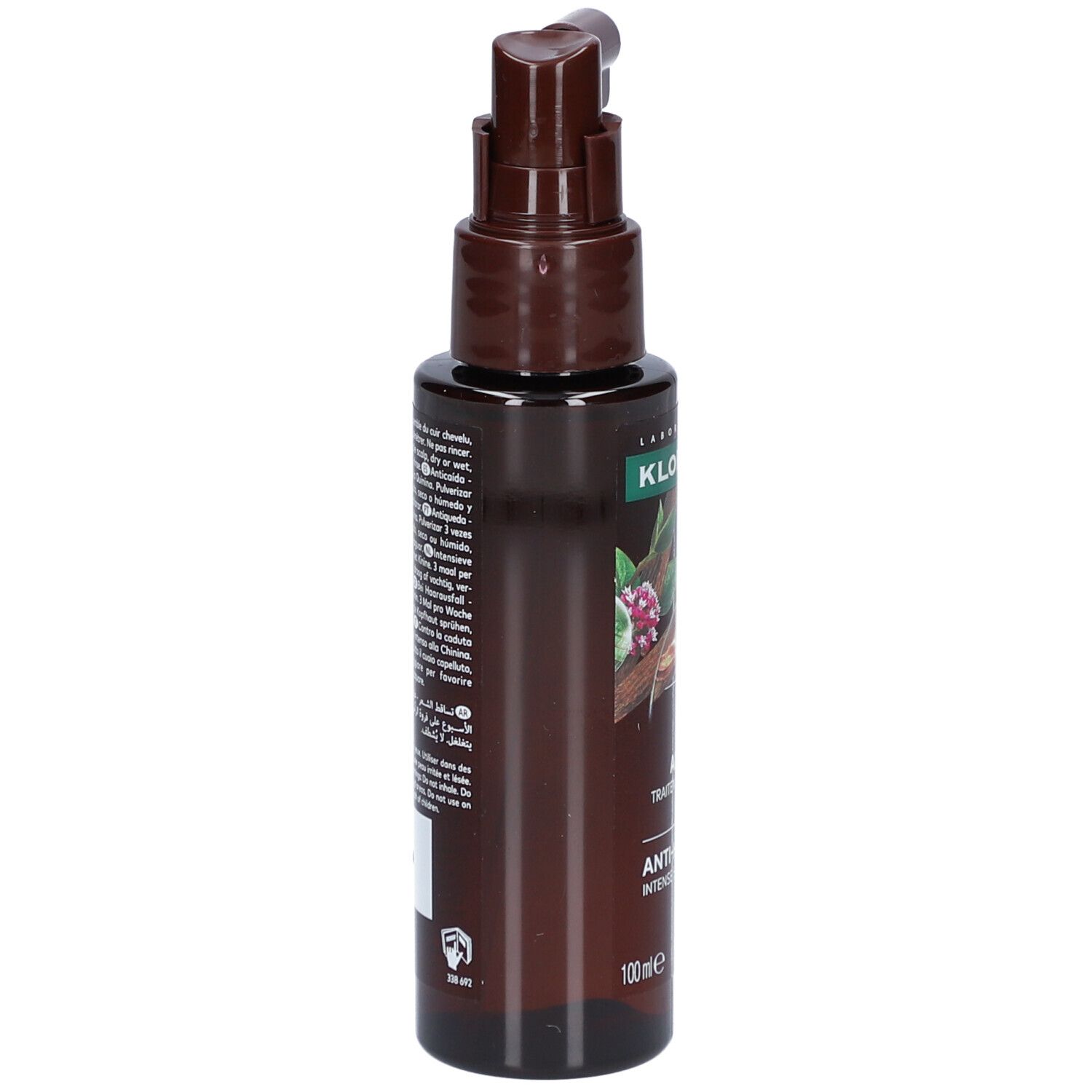 Braune Flasche mit Sprühkopf. Aufschrift: Klorane, Antichute, Anti-Haarausfall.