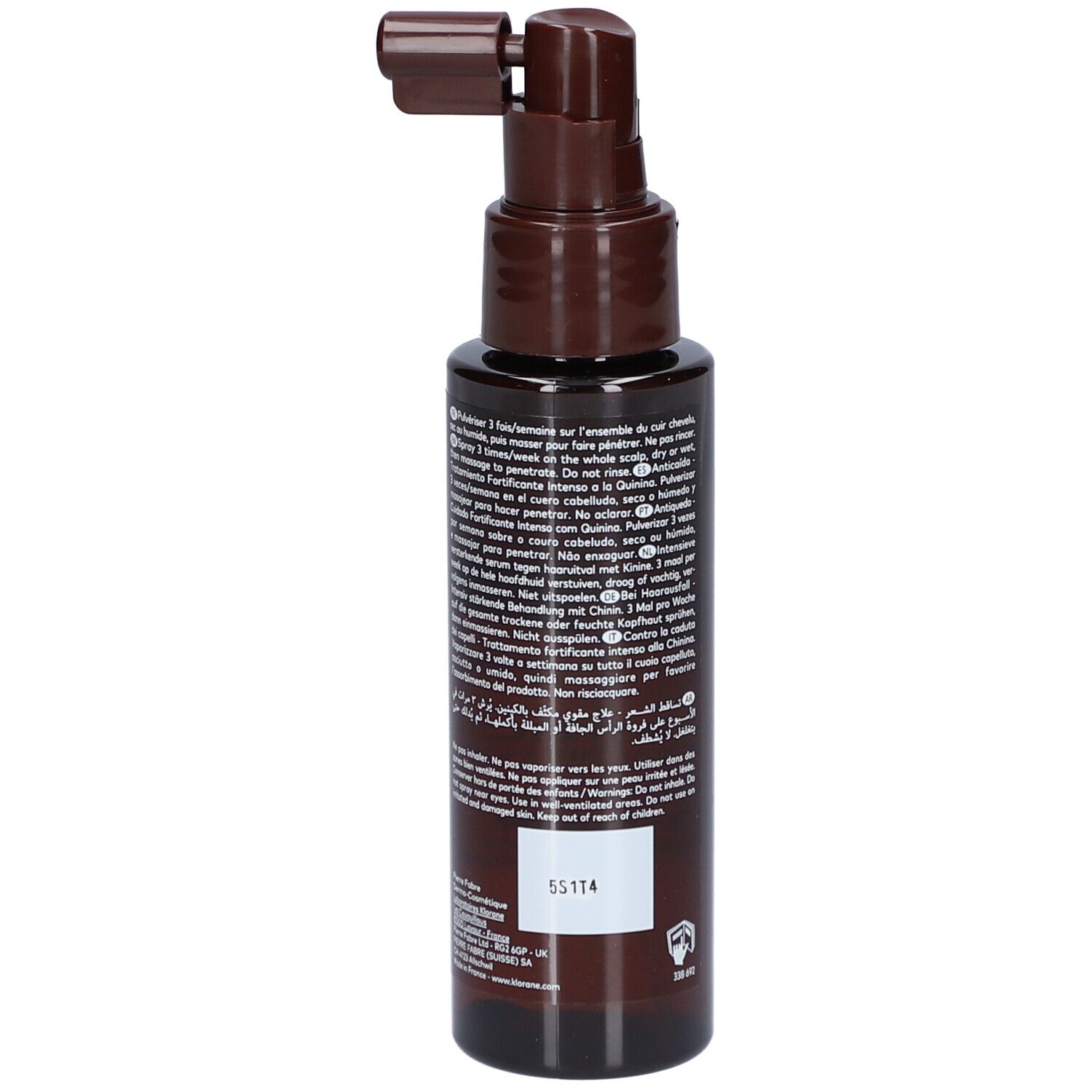 Braune Flasche mit Sprühkopf. Aufschrift: Klorane, Antichute, Anti-Haarausfall.