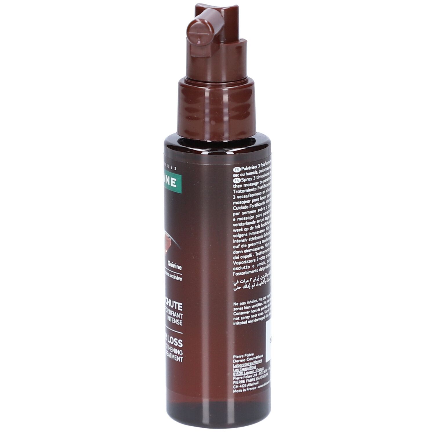 Braune Flasche mit Sprühkopf. Aufschrift: Klorane, Antichute, Anti-Haarausfall.