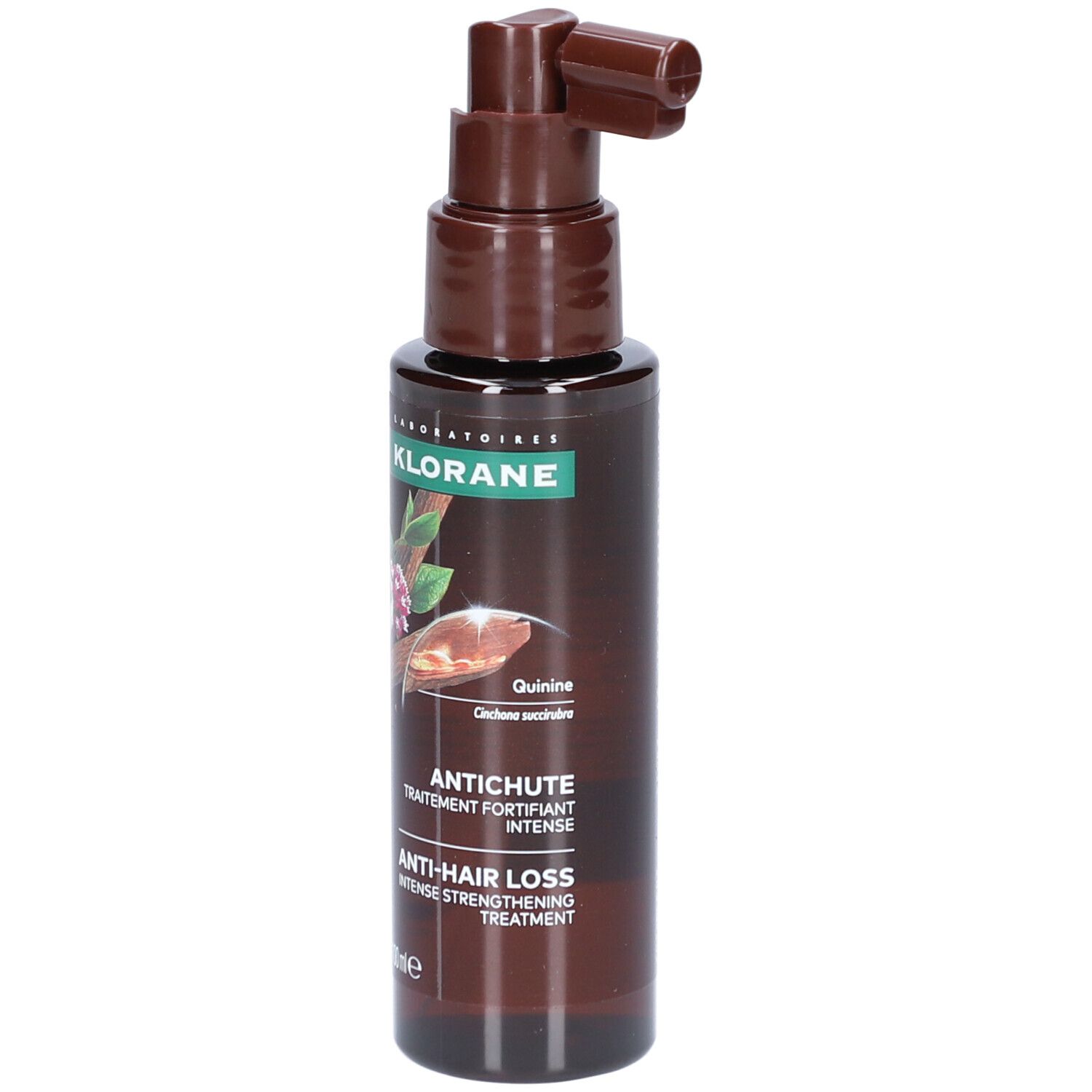 Braune Flasche mit Sprühkopf. Aufschrift: Klorane, Antichute, Anti-Haarausfall.