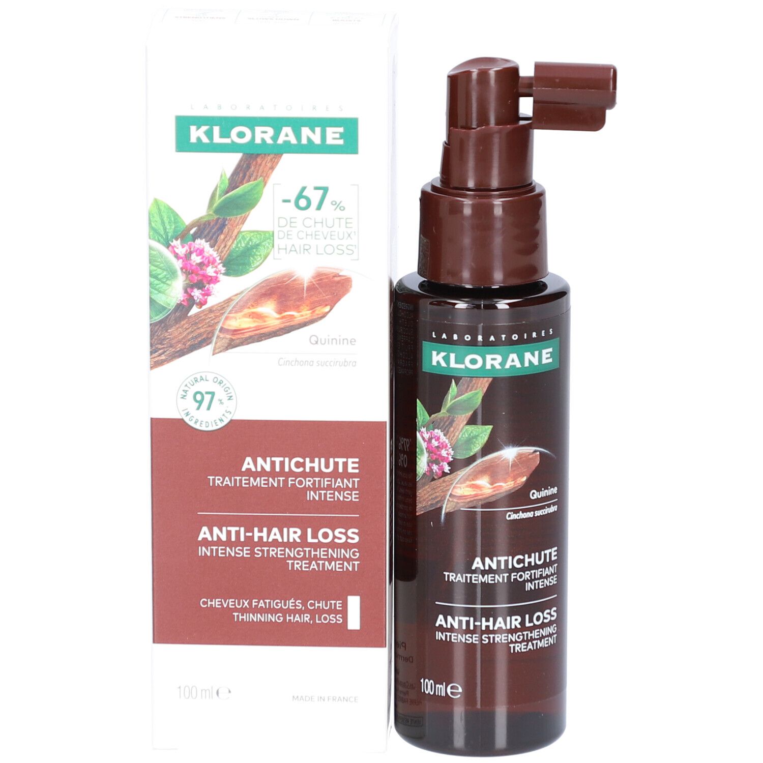 Braune Flasche mit Sprühkopf und Verpackung. Aufschrift: Klorane, Antichute, Anti-Haarausfall.