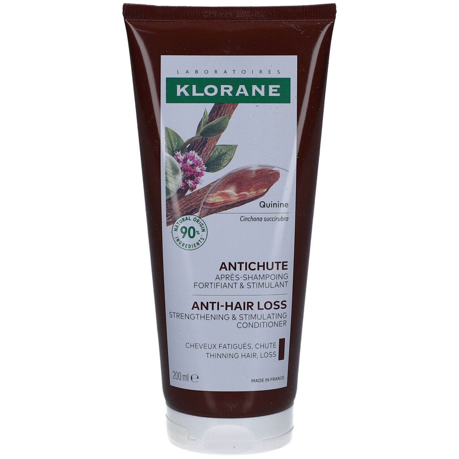 Klorane-Spülung. Braune Tube mit weißem Etikett. Text: ANTICHUTE, Anti-Haarausfall. 200 ml.