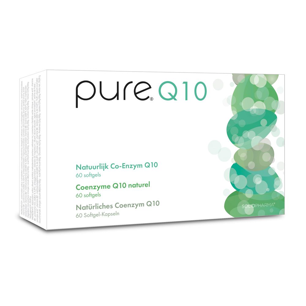 Boîte blanche avec « pure. Q10 ». Texte : Co-enzyme Q10, 60 gélules.