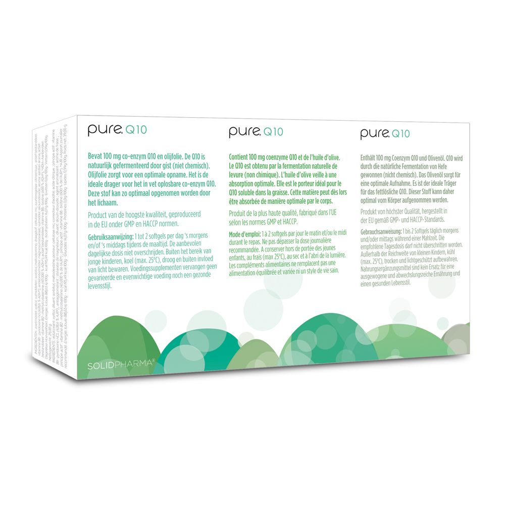 Dos de la boîte blanche « pure. Q10 ». Texte multilingue.