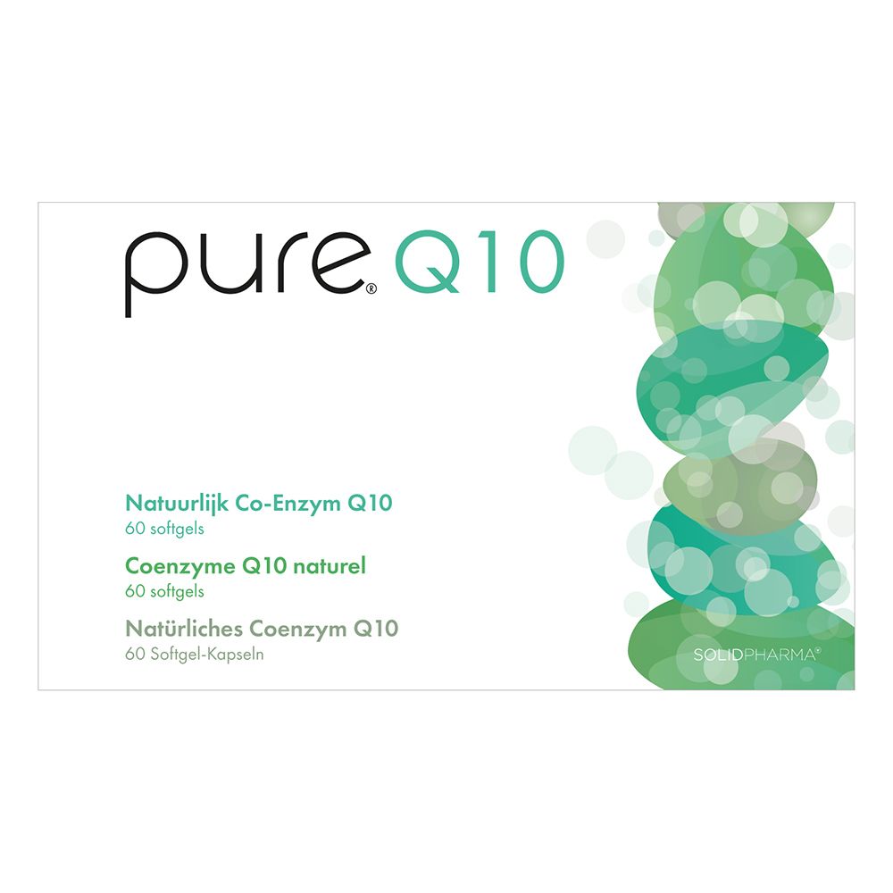 Boîte blanche avec « pure. Q10 ». Texte : Co-enzyme Q10, 60 gélules.