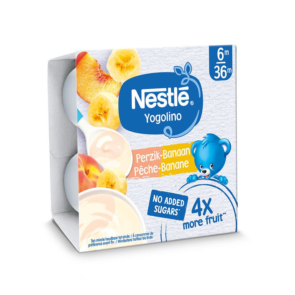 Nestlé Yogolino, 4 pots, Pêche-Banane. Emballage avec illustration du produit, 6m+. Sans sucres ajoutés, 4x plus de fruits.