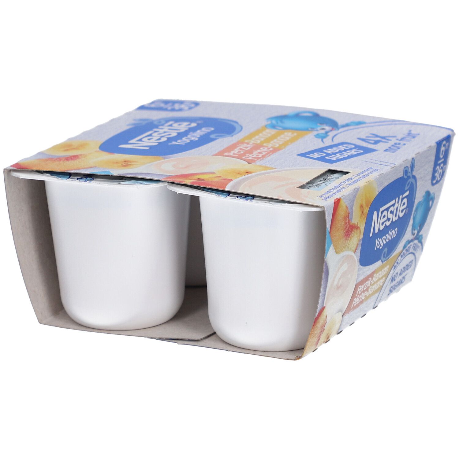 Nestlé Yogolino, 4 Becher, Pfirsich-Banane. Verpackung mit Produktabbildung, 6m+. Ohne Zuckerzusatz, 4x mehr Frucht.