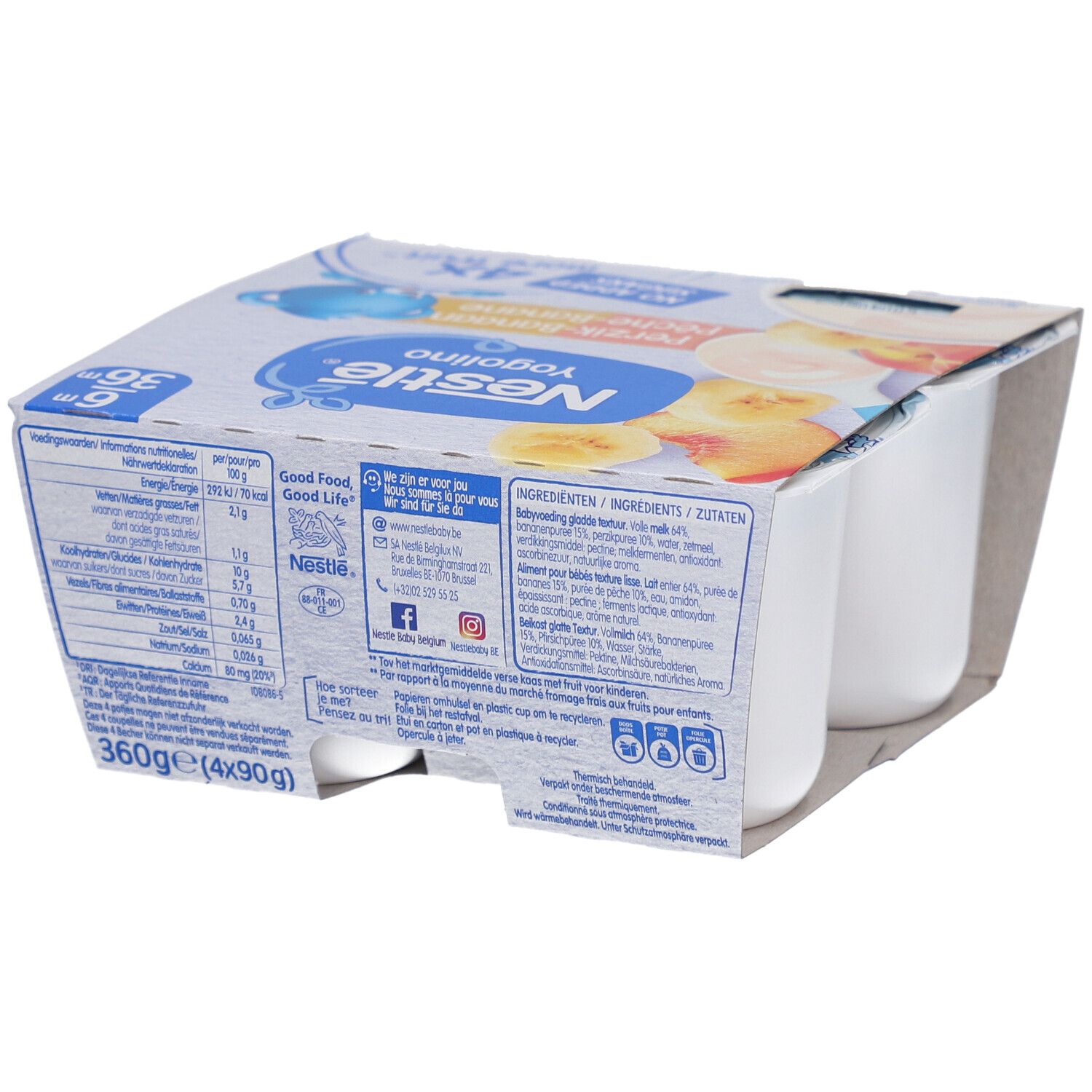 Nestlé Yogolino, 4 Becher, Pfirsich-Banane. Verpackung mit Produktabbildung, 6m+. Ohne Zuckerzusatz, 4x mehr Frucht.