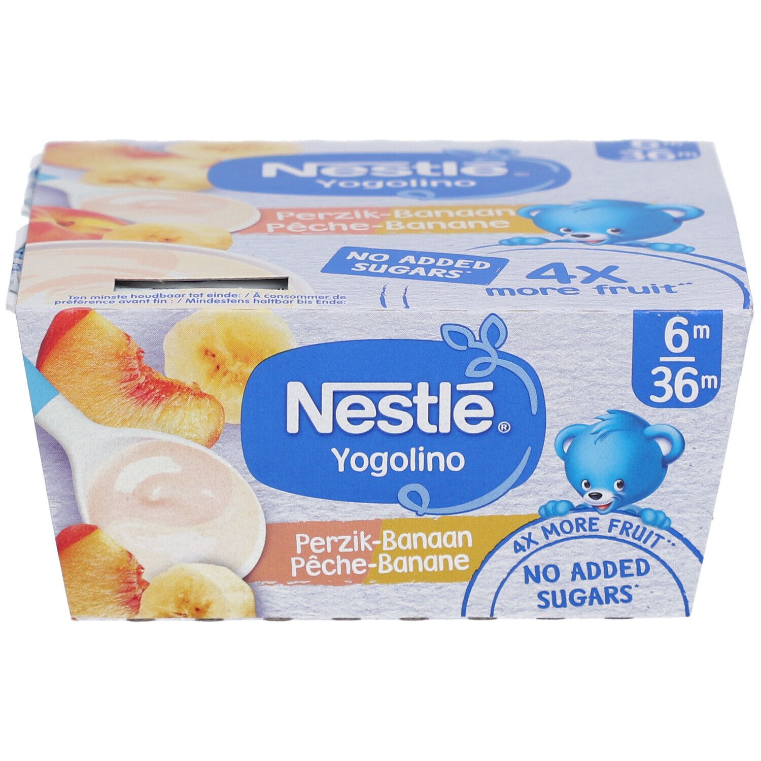 Nestlé Yogolino, 4 Becher, Pfirsich-Banane. Verpackung mit Produktabbildung, 6m+. Ohne Zuckerzusatz, 4x mehr Frucht.