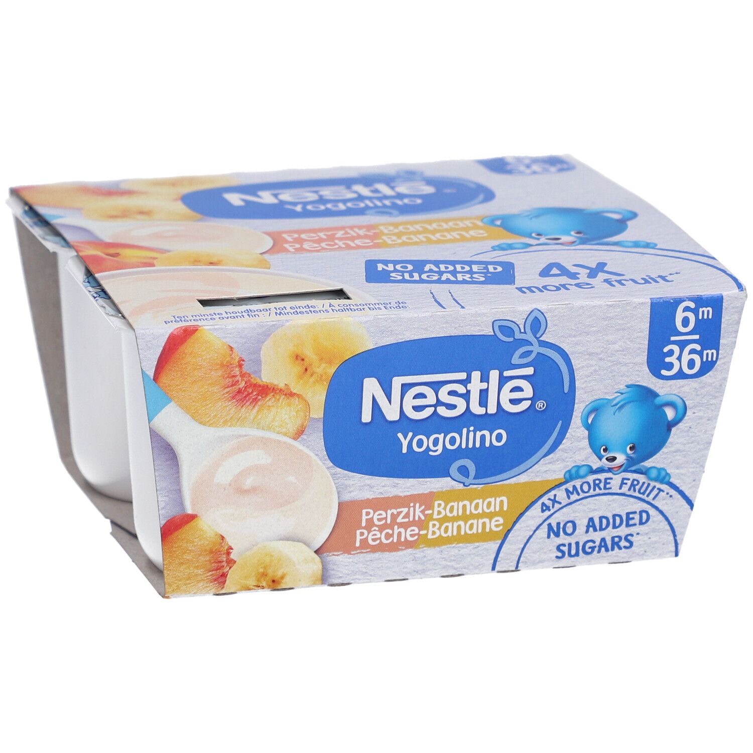 Nestlé Yogolino, 4 Becher, Pfirsich-Banane. Verpackung mit Produktabbildung, 6m+. Ohne Zuckerzusatz, 4x mehr Frucht.