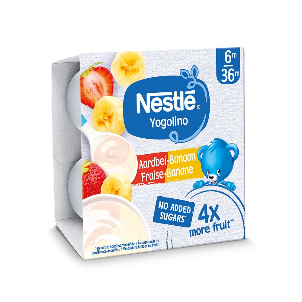 Emballage de quatre pots Yogolino. Saveur fraise-banane. Marque Nestlé. 4x plus de fruits et sans sucres ajoutés.