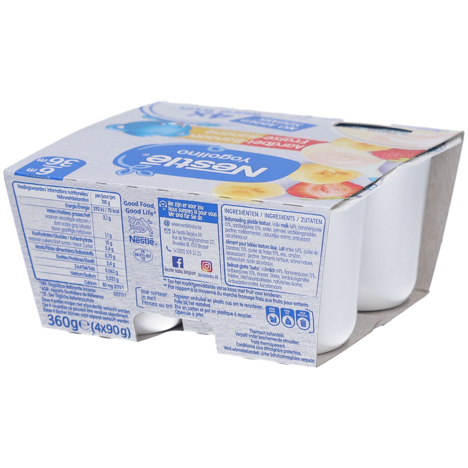 Verpackung mit vier Bechern Yogolino. Erdbeer-Banane-Geschmack. Marke Nestle. Mit 4x mehr Frucht und ohne Zuckerzusatz.