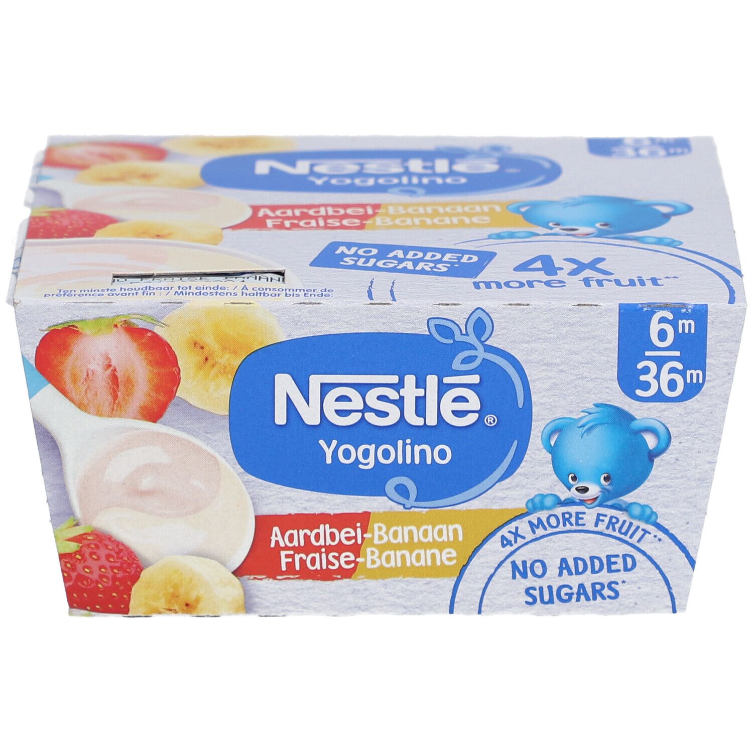Verpackung mit vier Bechern Yogolino. Erdbeer-Banane-Geschmack. Marke Nestle. Mit 4x mehr Frucht und ohne Zuckerzusatz.